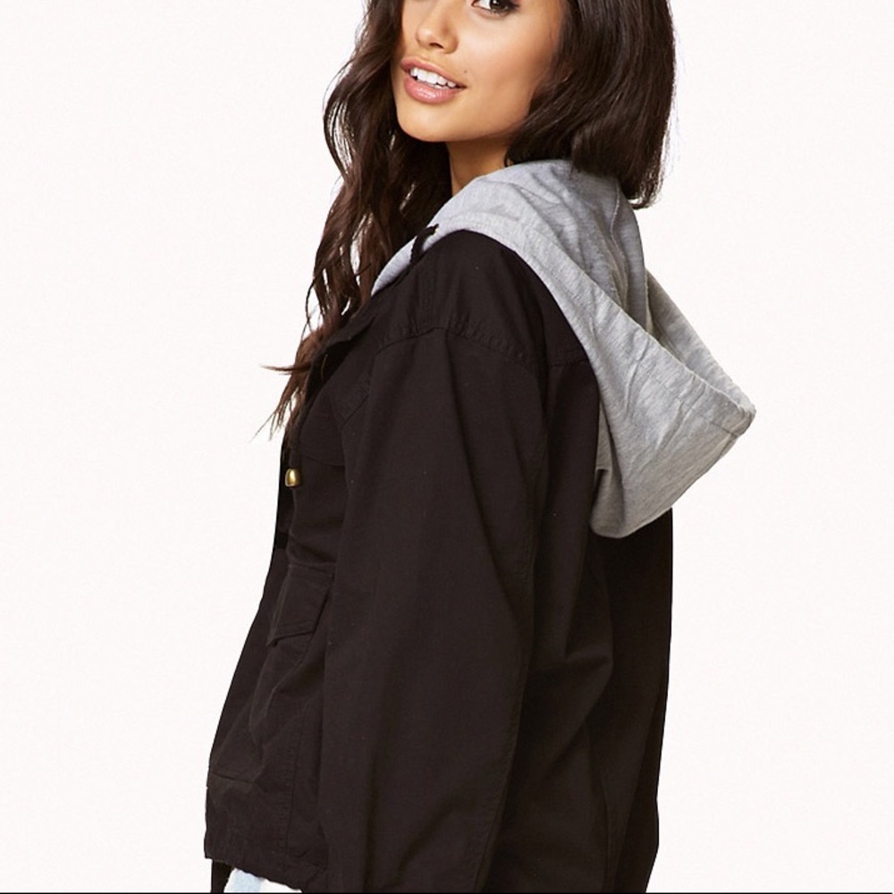 Gray hoodie black utility jacket winter